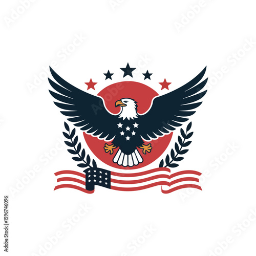 American bald eagle with outstretched wings and U S flag emblem bird