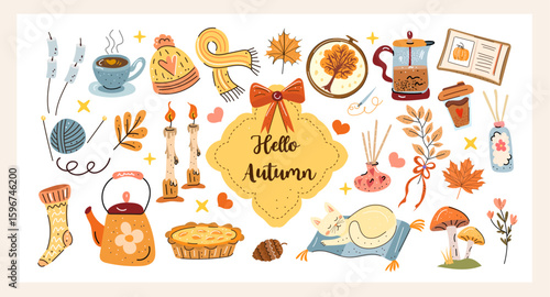 Hello Autumn hand drawn vector set with cozy fall elements: tea, candles, pie, knitting, leaves, cat and hygge home vibes. Perfect for stickers, prints, seasonal design and warm decoration.