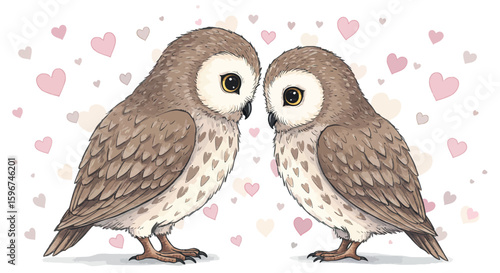 Cute owls in love surrounded by hearts: adorable wildlife romance