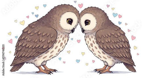 Adorable cartoon owl pair with hearts in background