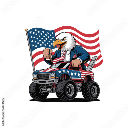 Cartoon bald eagle in suit driving monster truck with American flag vector