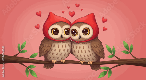 Adorable cartoon owls in love with red hoods and hearts on a branch