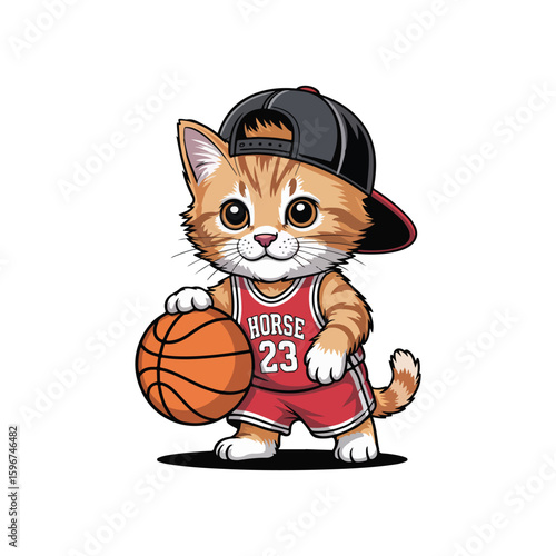 Orange tabby kitten wearing a red basketball jersey and black baseball cap holding a basketball sports