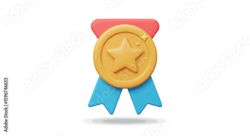 Colorful 3d award medal with star and ribbon on white background