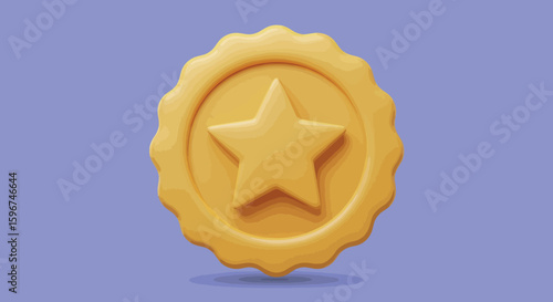 3d golden award badge with star shape on purple background