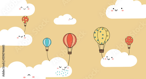 Whimsical hot air balloons and smiling clouds on yellow sky