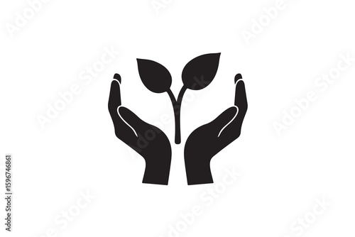Hands protecting seedling silhouette symbolizing growth care sustainability and ecology