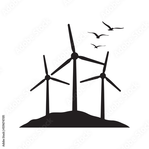 Silhouette of wind turbines and flying birds illustrating renewable energy and sustainable power