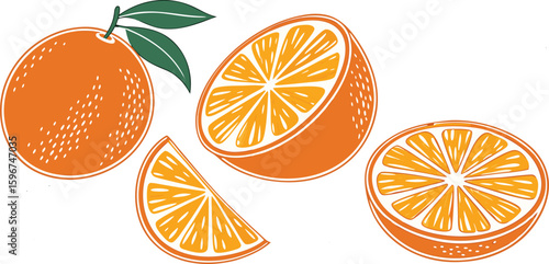 Hand drawn orange fruit slices and whole fruit silhouette isolated on transparent background
