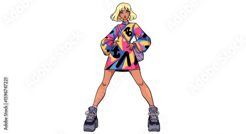 Vibrant fashionable woman in oversized graphic sweater and platform shoes