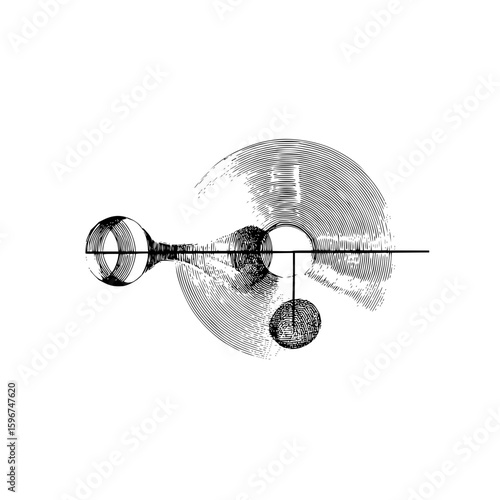 Detailed line drawing of an abstract scientific apparatus with circular and spherical elements present