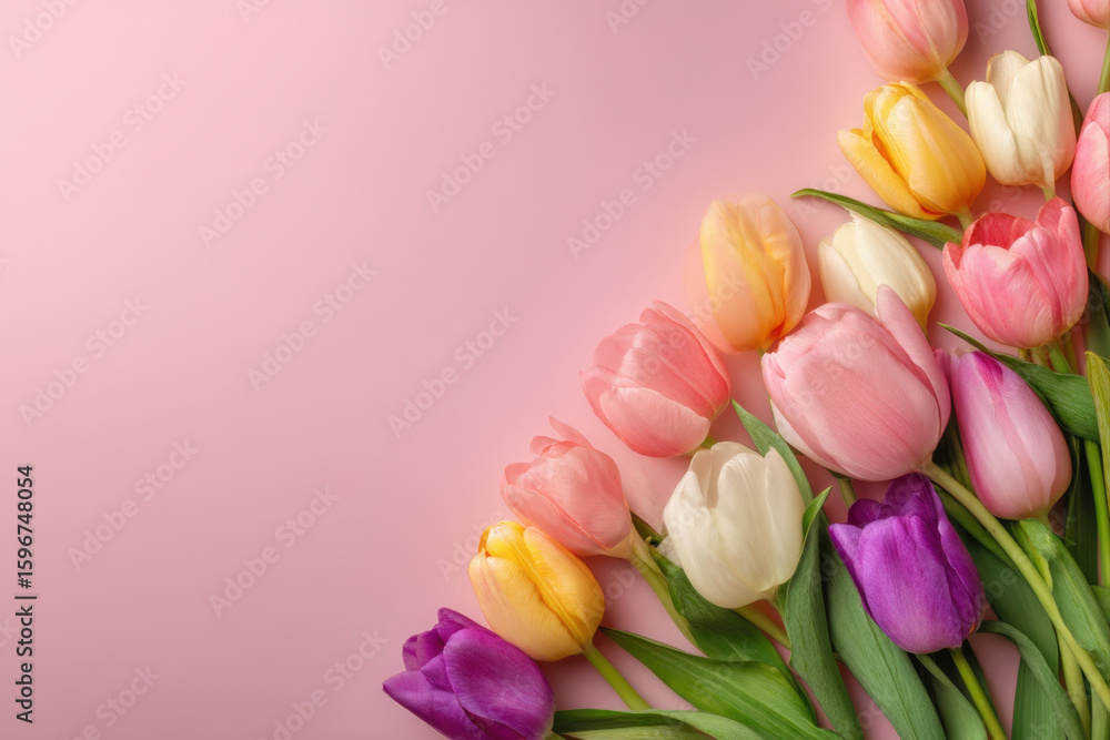 Obraz premium Vibrant tulips arranged on pastel pink background with ample space for text