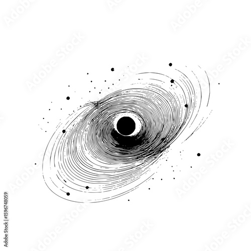 Abstract depiction of a black hole with swirling lines and scattered dots on a white background art