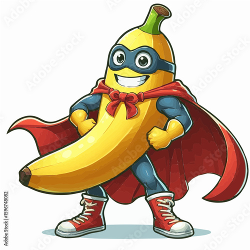 Cartoon banana superhero with cape and mask standing in action pose