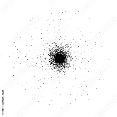 A black hole effect with radiating lines and scattered dots on a white background creating a vortex look