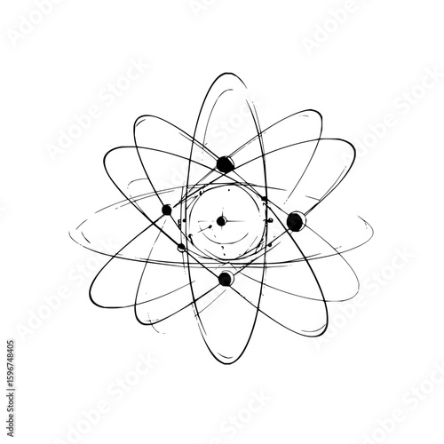 Stylized atom illustration with orbiting electrons and nucleus in a sketchy black and white style