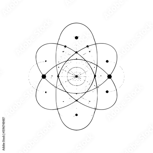 Abstract geometric design featuring overlapping ellipses and circles with small dots arranged around them