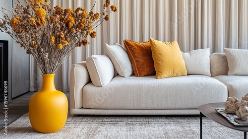 Modern living room with warm tones.  Dry flower arrangement, neutral sofa, and pops of mustard yellow