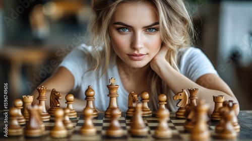 Blond Woman Playing Chess, Game Strategy, Mind Game, Intense Focus, Wooden Chess Pieces, Close-up Portrait
