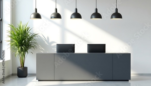 Modern office reception area with plant, lights, and desk for business interior design ideas and inspiration on transparent background