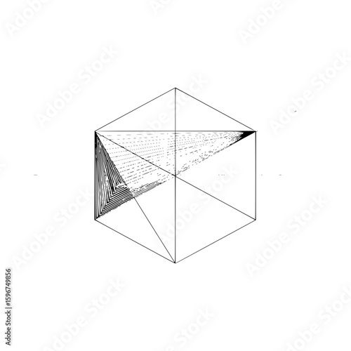 Hexagon with internal triangular lines converging in one corner creating a geometric pattern design art