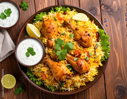 Overhead view of chicken biryani with raita and lemon wedges on a wooden table