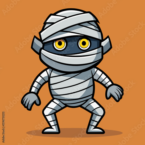 Cute cartoon mummy character with yellow eyes and bandages on an orange background