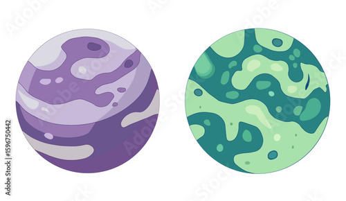 Cosmonautics Day. Two planets, celestial body, space. Set of two icons isolated on white background. Cute and cartoonish. Flat design. Purple and green color.