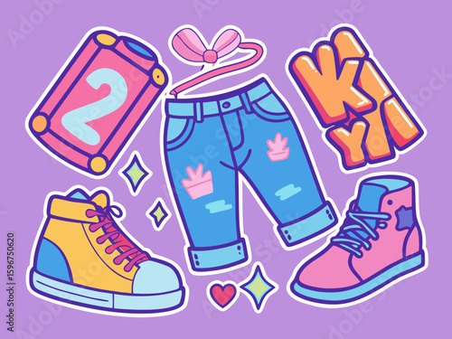Cute Colorful Cartoon Fashion Stickers with Jeans Shoes Letters and Accessories on a Lilac Background