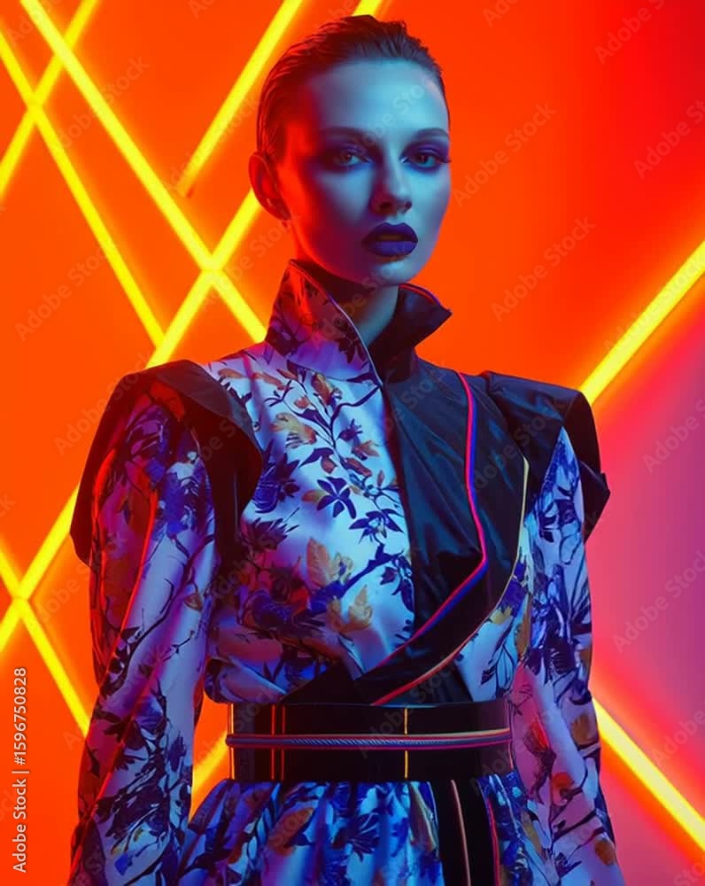 Fashion Surreal Concept. Chic girl with makeup in avant garde high fashion attire, neon light and abstract geometric background pose. clip mov HD motion