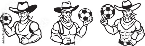 Muscular Cowboy Mascot Holding a Soccer Ball