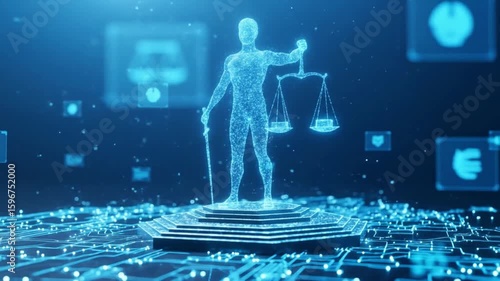 A digital figure of justice holds scales and a sword, symbolizing law and artificial intelligence