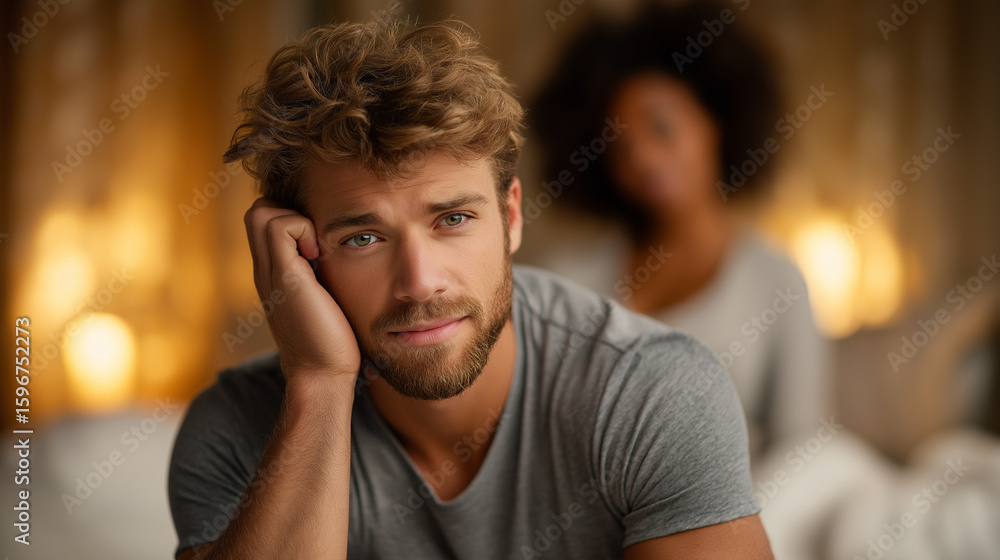 Fototapeta premium Bedroom Conflict Between a Couple in Soft Light