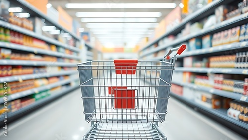 Wallpaper Mural Empty metal shopping cart in a clean supermarket aisle, symbolizing modern retail and consumerism. Torontodigital.ca
