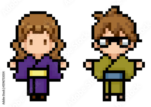 着物や浴衣を着た男女のドット絵2