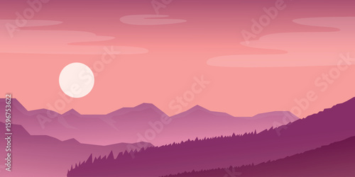 a picturesque landscape with a sunset over the mountains. The sun, depicted as a large white ball, is located above the horizon, and the sky has a delicate pink hue.