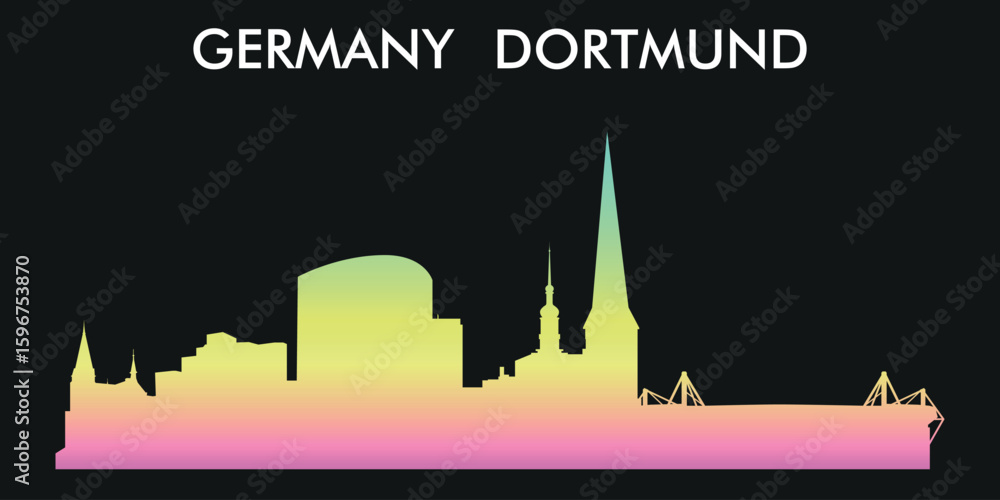 Fototapeta premium The image shows a silhouette of the city of Dortmund, Germany, on a black background. The color scheme of the silhouette goes from pink at the bottom to yellow and green at the top.