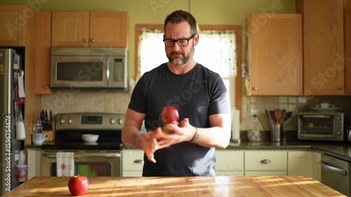 A smart man trying to juggle three apples in the kitchen and dropping one