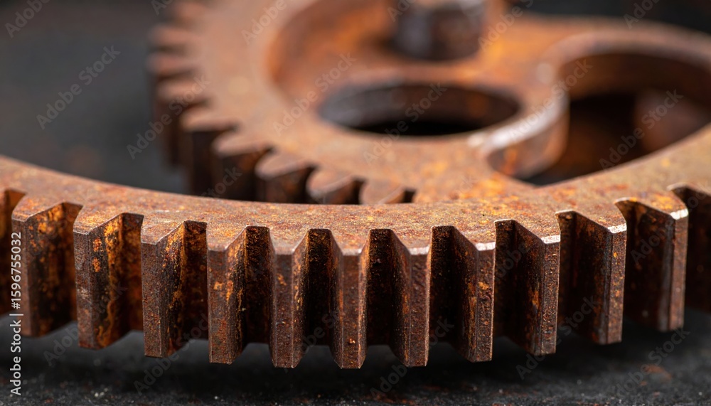 Close-up macro shot of old rusty metal gears with textured surfaces and sharp teeth on a dark background Close-up macro shot of old rusty metal gears with textured surfaces and sharp teeth on a dark background