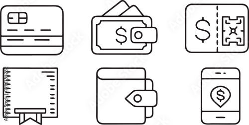 Isolated digital wallet and secure online payment icons, credit card chip, QR code reader, mobile transaction, checkout success, cashback bonus, invoice receipt, fintech design