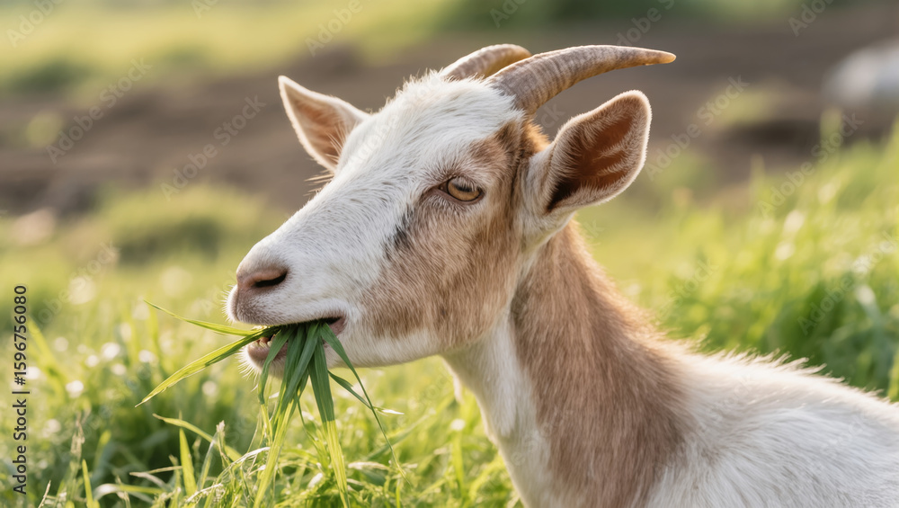 Close-up of goat chewing green grass in a sunny field during golden hour on a rural farm Close-up of goat chewing green grass in a sunny field during golden hour on a rural farm