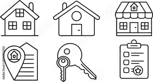 Isolated real estate and property outline icons, house for sale, location pin icon, key transfer, property listing board, mortgage paper, home agent help, clean business look