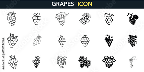 Grapes Icon Vector Collection Wine Fruit Vineyard Symbol Organic Harvest Agriculture Natural Food Healthy Illustration Design Logo Business Brand Menu Restaurant Beverage Set Pack