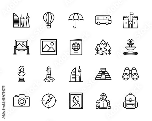 Sightseeing Trip Vector Icon Set,  Adjustable Line Weight, Travel, camera,  monument, museum, castle, compass, lighthouse, statue, binoculars, bus, art, adventure icons