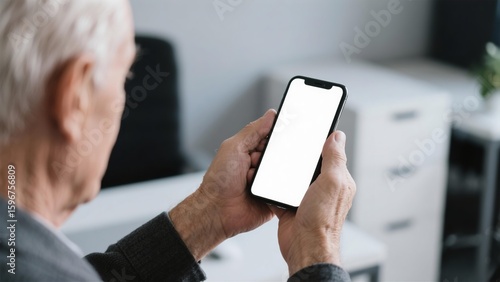 Senior Man Using Smartphone with Blank Screen Mockup in Office Setting