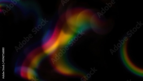 Blurred rainbow refraction overlay effect. Light lens prism effect on black background. Holographic reflection, crystal flare leak shadow overlay. Colorful rainbow disco ball light