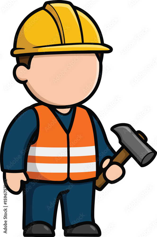 Cartoon construction worker, faceless, wearing safety gear, holding a hammer. Cartoon construction worker, faceless, wearing safety gear, holding a hammer.