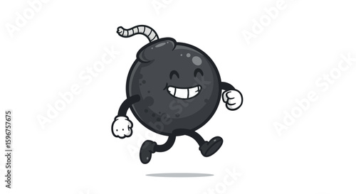 Cheerful cartoon bomb character with a big smile and white gloves on a running adventure