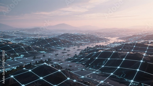 Stunning Aerial View of Futuristic Smart City Network Connected by Illuminated Grid Lines at Sunset