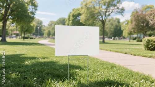 Blank White Yard Sign in Lush Green Park Setting Perfect for Mockups and Real Estate Advertising